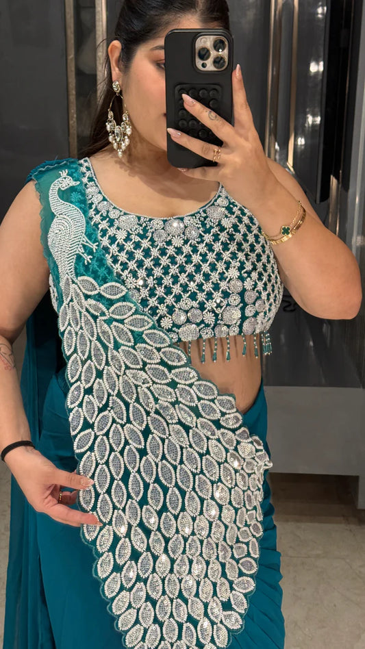 TRENDING READY TO WEAR SAREE WITH FULLY EMBROIDERED STYLIST BLOUSE