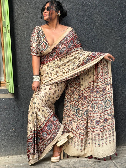 VINTAGE-INSPIRED MODAL SILK SAREE WITH REAL MIRROR