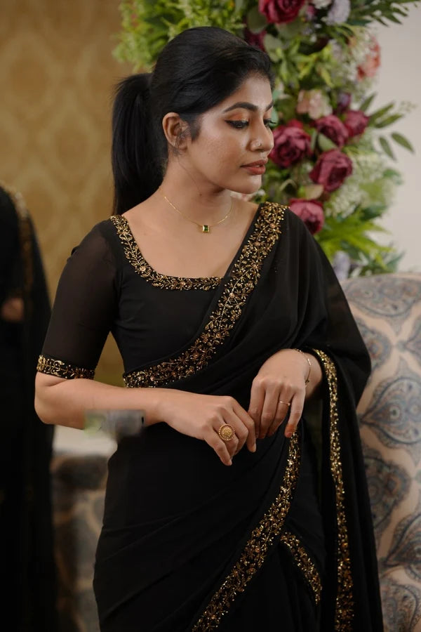 GOWN SAREE 1-MIN READY TO WEAR BLACKEMIUM FAUX GEORGETTE WITH EMBROIDERY LACE