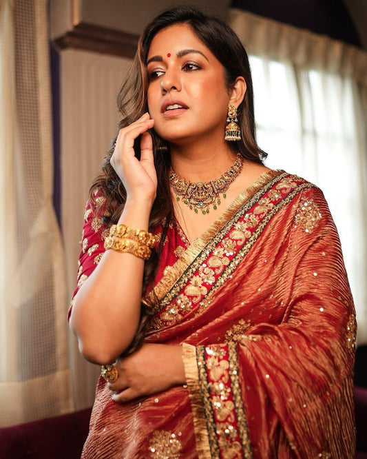 BEAUTIFUL PARTY WEAR MAROON COLOR SOFT CRUSH FABRIC SAREE