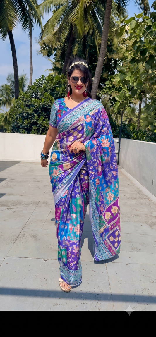 BLUE SOFT CHINNON SAREE WITH GOLD ZARI & REAL MIRROR WORK
