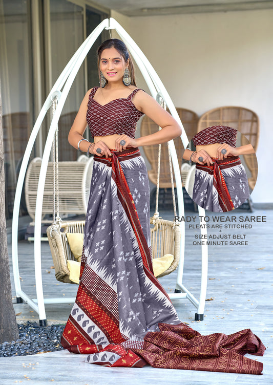 IKKAT PRINTED PURE COTTON FANCY SAREES WITH BLOUSE PICE