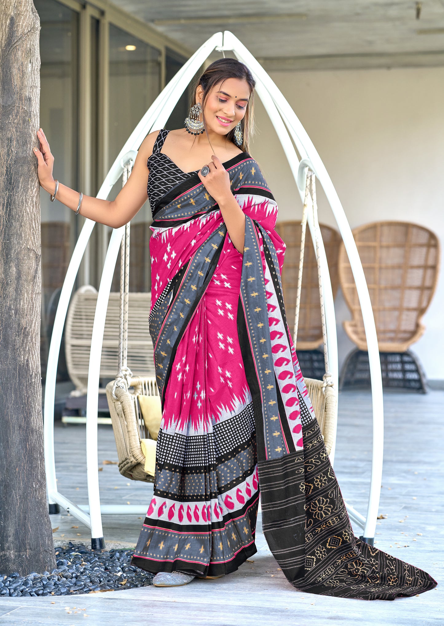 IKKAT PRINTED PURE COTTON FANCY SAREES WITH BLOUSE PICE