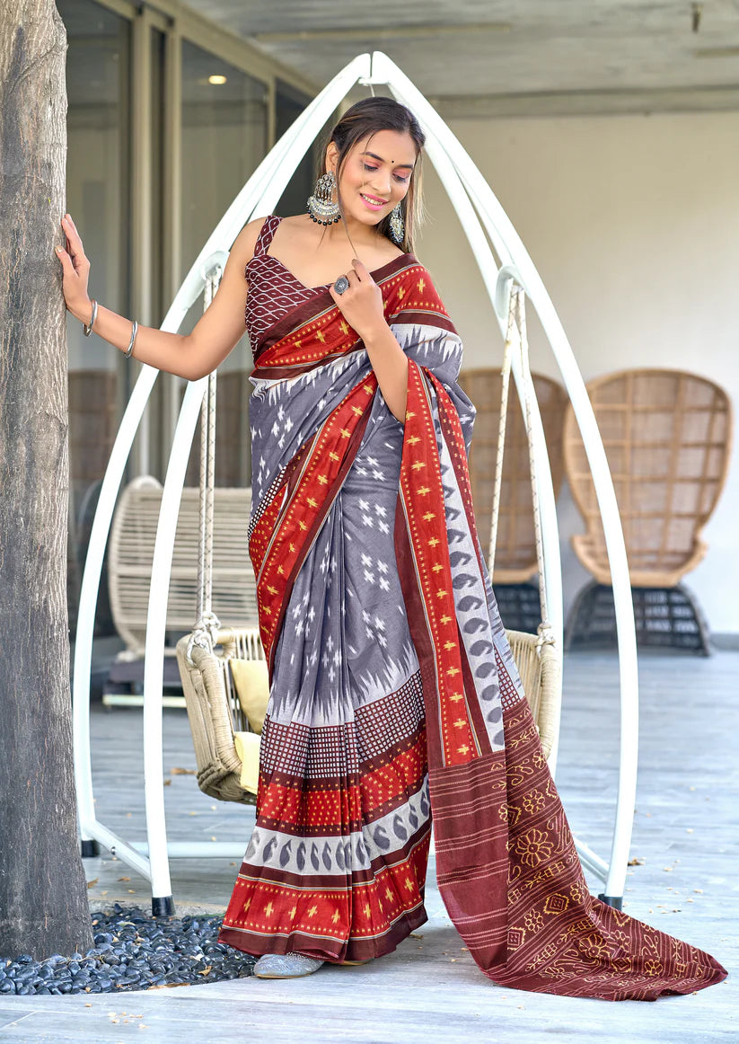 IKKAT PRINTED PURE COTTON FANCY SAREES WITH BLOUSE PICE