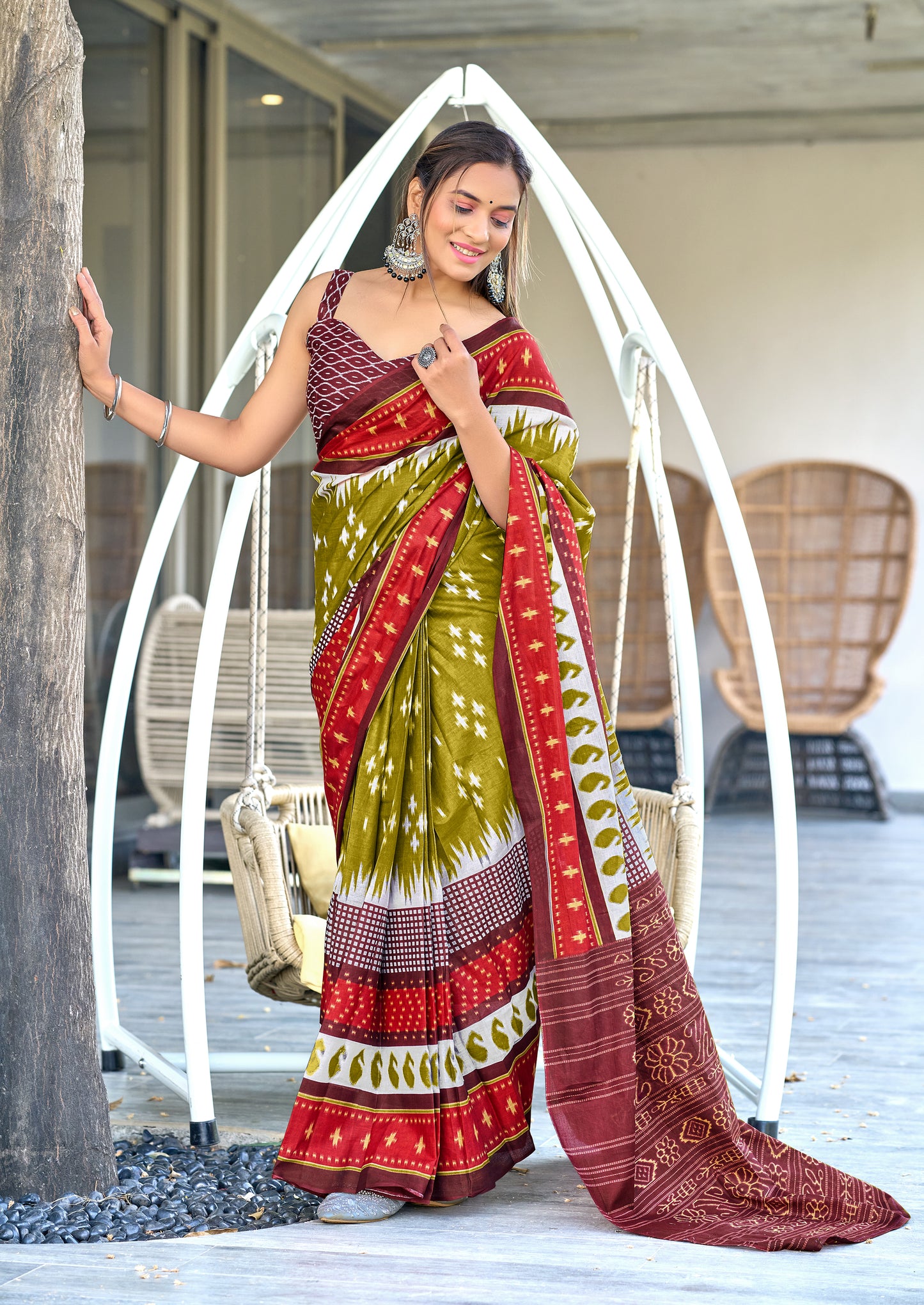 IKKAT PRINTED PURE COTTON FANCY SAREES WITH BLOUSE PICE