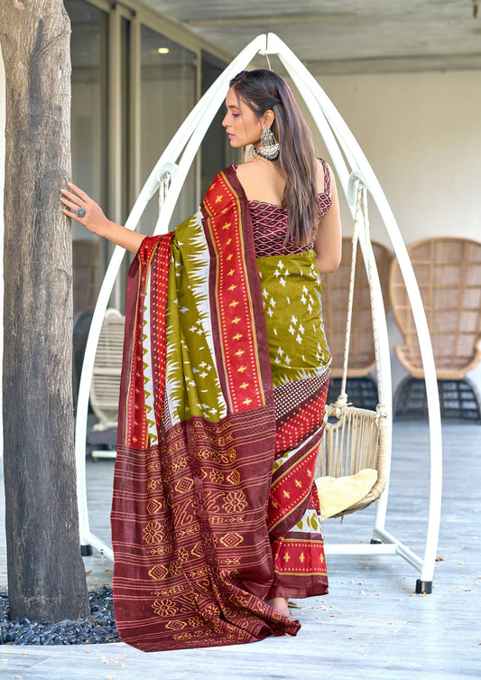 IKKAT PRINTED PURE COTTON FANCY SAREES WITH BLOUSE PICE