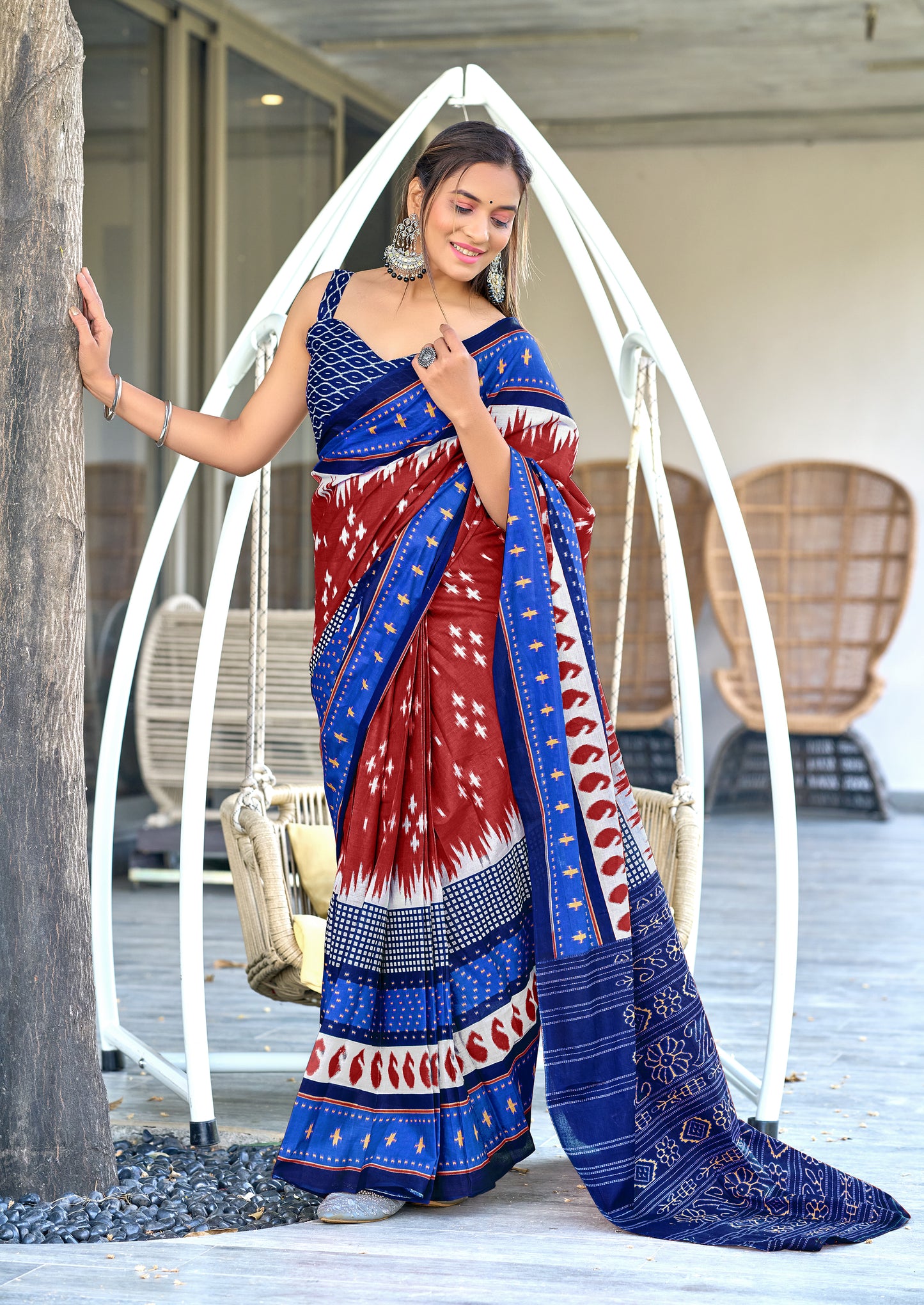 IKKAT PRINTED PURE COTTON FANCY SAREES WITH BLOUSE PICE