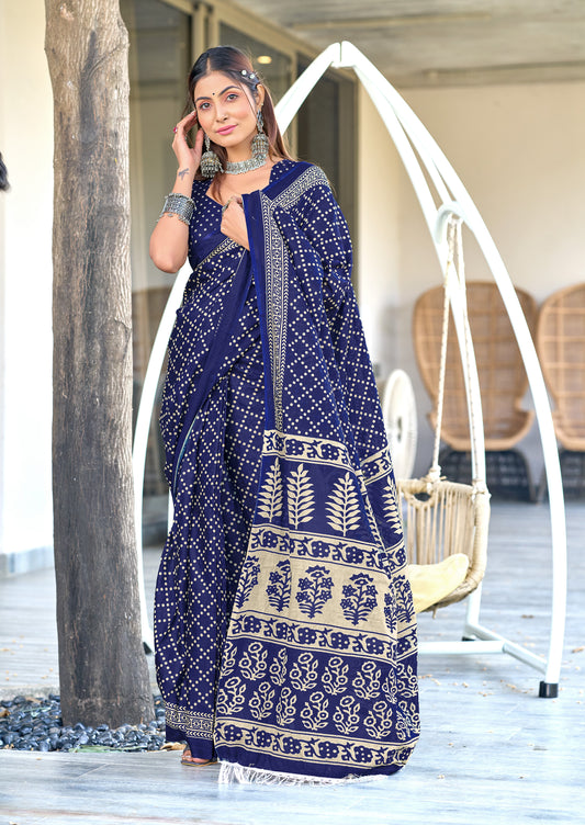 PURE COTTON FANCY BAGRU BLOCK PRINT SAREE