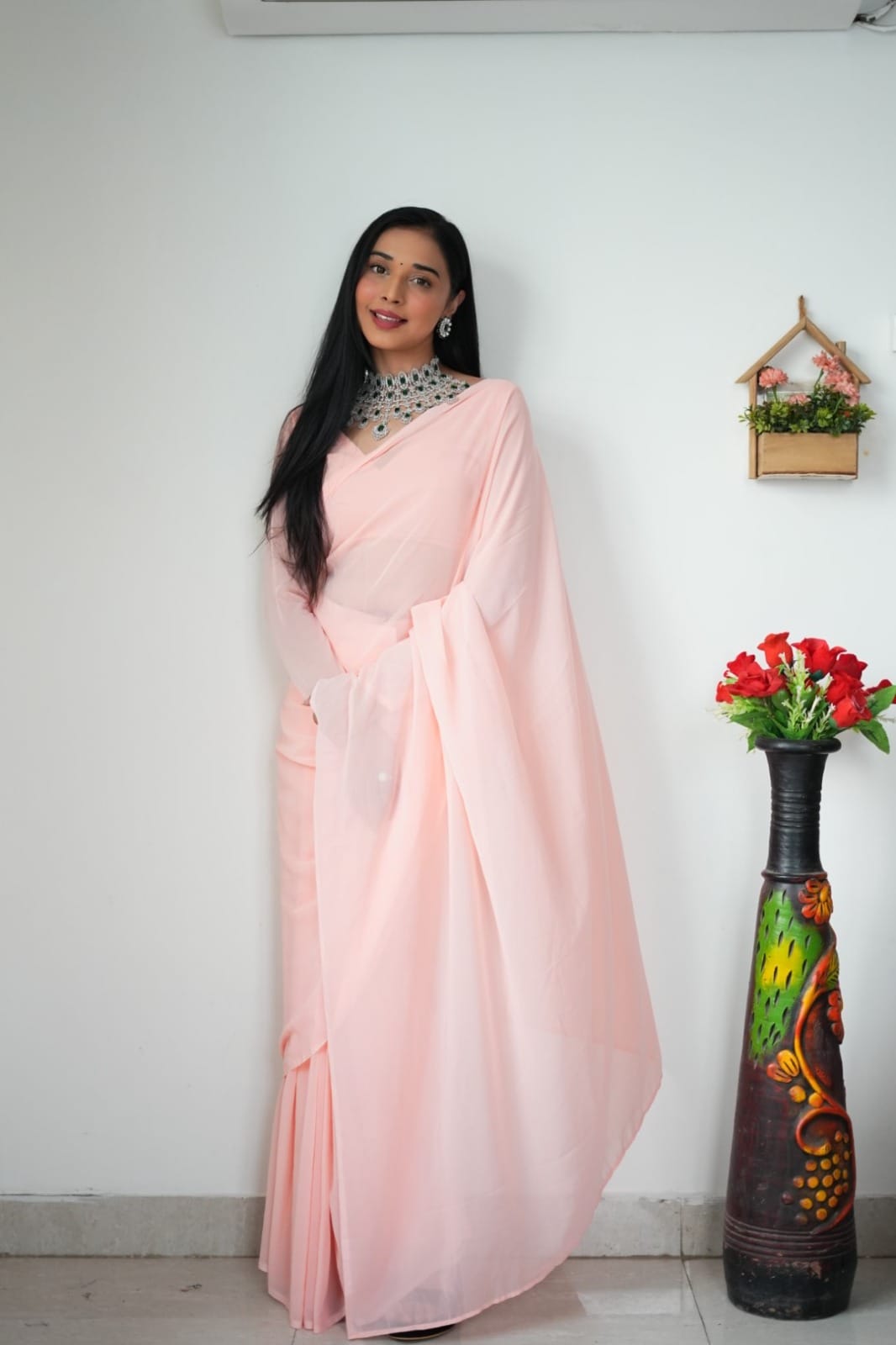 1 MIN READY TO WEAR LIGHT PINK COLOUR SAREE IN PURE SOFT GEORGETTE SILK WITH BLOUSE