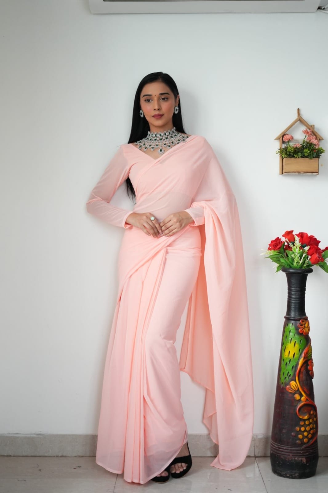 1 MIN READY TO WEAR LIGHT PINK COLOUR SAREE IN PURE SOFT GEORGETTE SILK WITH BLOUSE