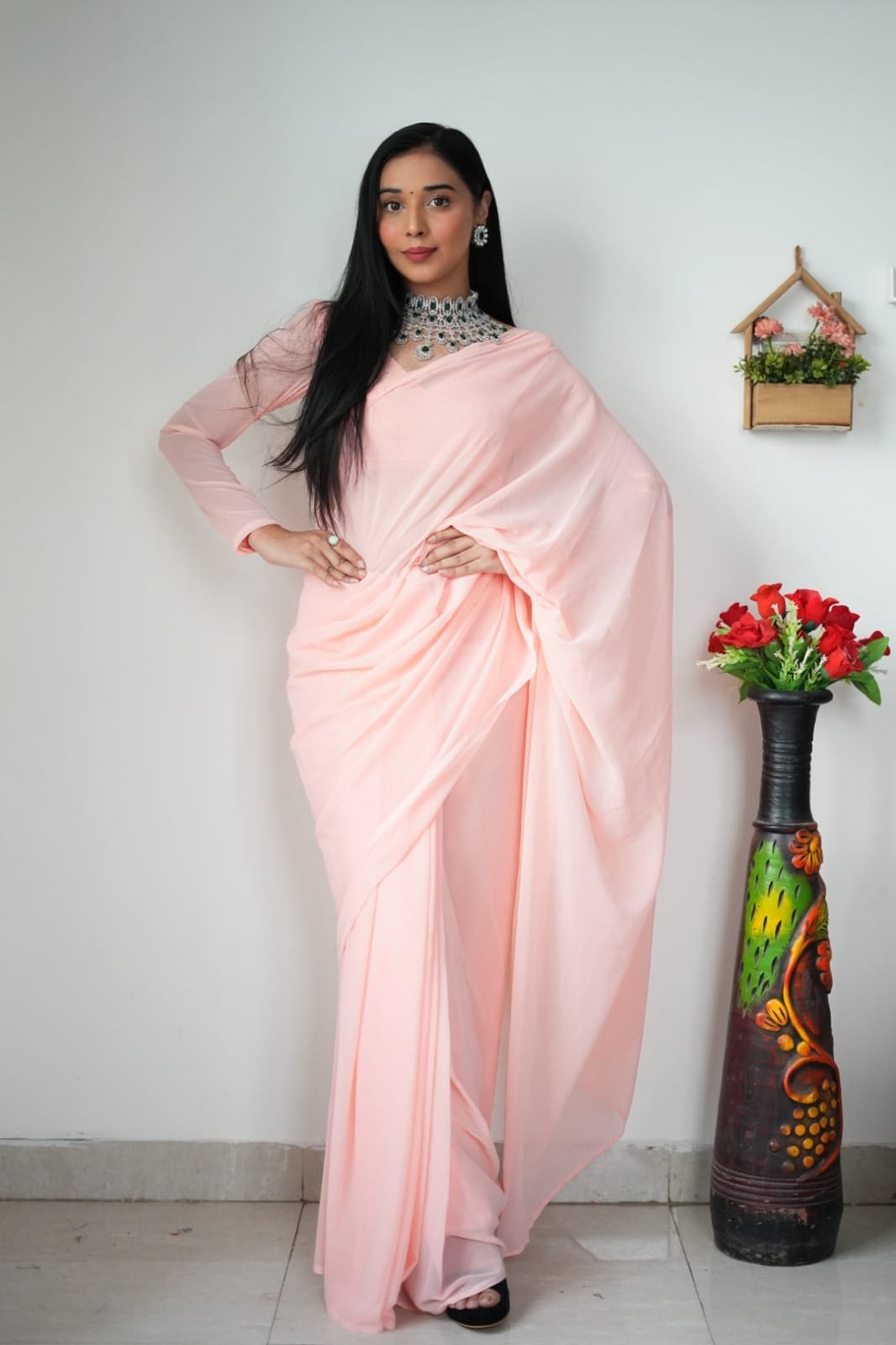 1 MIN READY TO WEAR LIGHT PINK COLOUR SAREE IN PURE SOFT GEORGETTE SILK WITH BLOUSE