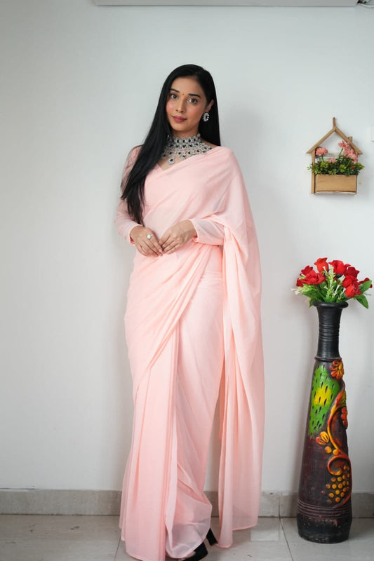 1 MIN READY TO WEAR LIGHT PINK COLOUR SAREE IN PURE SOFT GEORGETTE SILK WITH BLOUSE