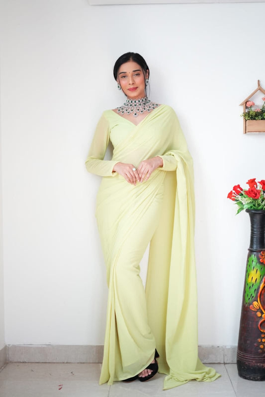 1 MIN READY TO WEAR LEMON COLOUR SAREE IN PURE SOFT GEORGETTE SILK WITH BLOUSE