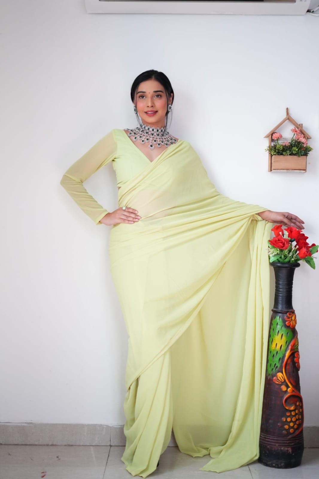 1 MIN READY TO WEAR LEMON COLOUR SAREE IN PURE SOFT GEORGETTE SILK WITH BLOUSE