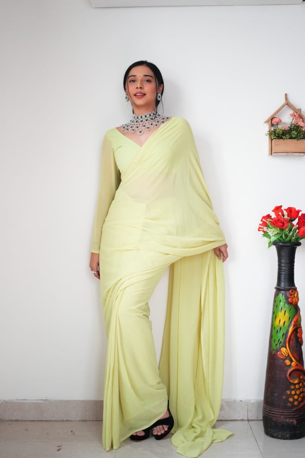 1 MIN READY TO WEAR LEMON COLOUR SAREE IN PURE SOFT GEORGETTE SILK WITH BLOUSE