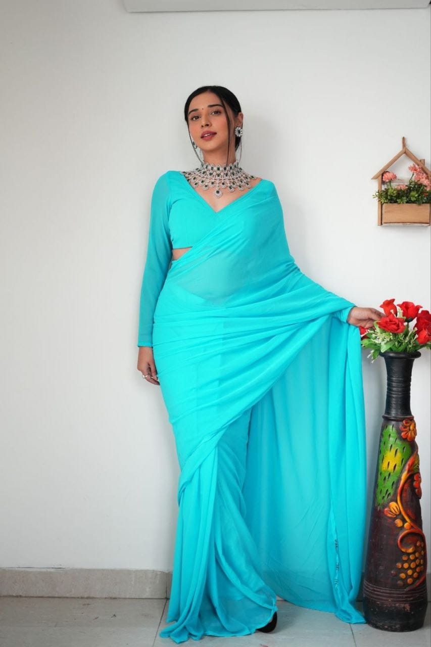 1 MIN READY TO WEAR FIROZI COLOUR SAREE IN PURE SOFT GEORGETTE SILK WITH BLOUSE