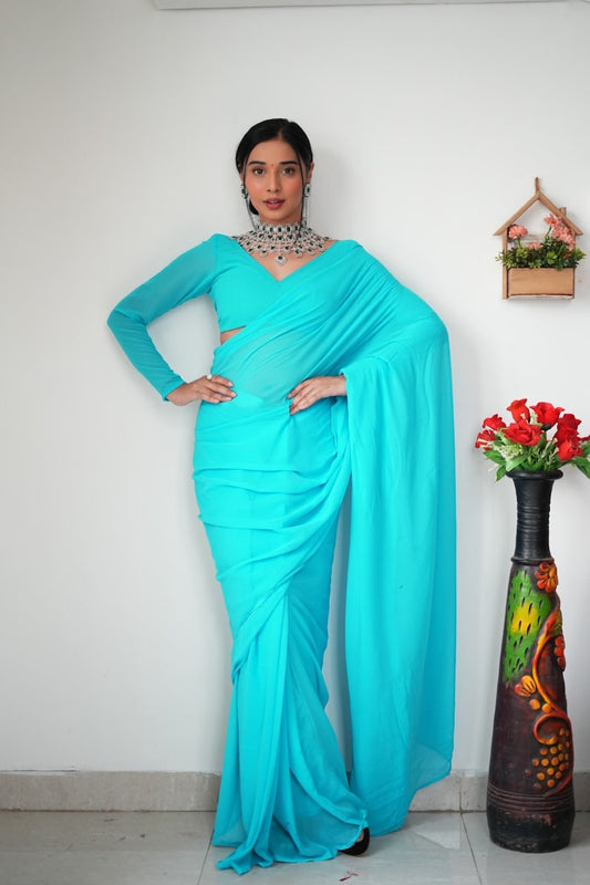 1 MIN READY TO WEAR FIROZI COLOUR SAREE IN PURE SOFT GEORGETTE SILK WITH BLOUSE