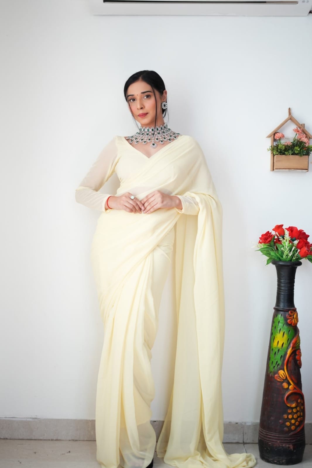 1 MIN READY TO WEAR OFF WHITE COLOUR SAREE IN PURE SOFT GEORGETTE SILK WITH BLOUSE