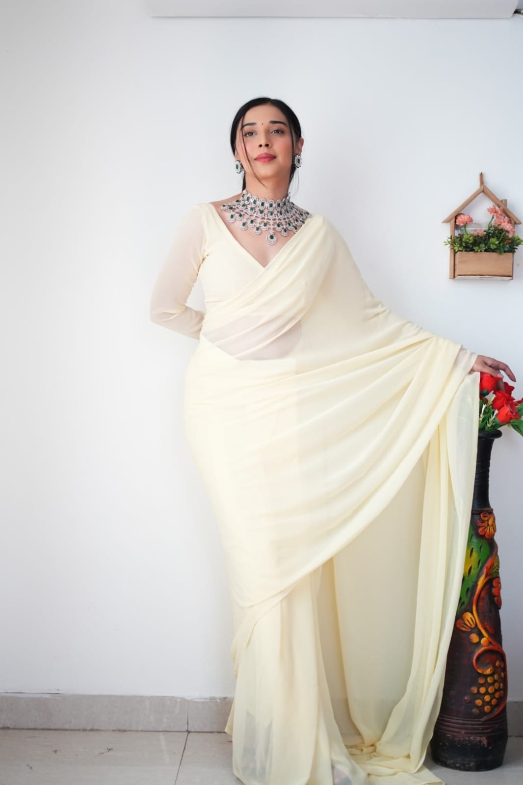 1 MIN READY TO WEAR OFF WHITE COLOUR SAREE IN PURE SOFT GEORGETTE SILK WITH BLOUSE