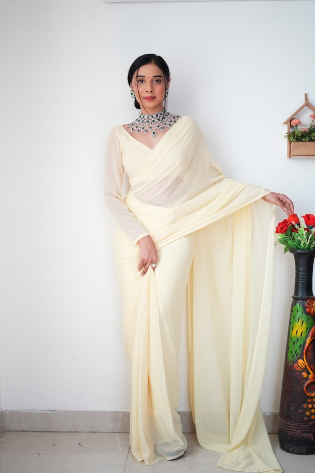 1 MIN READY TO WEAR OFF WHITE COLOUR SAREE IN PURE SOFT GEORGETTE SILK WITH BLOUSE