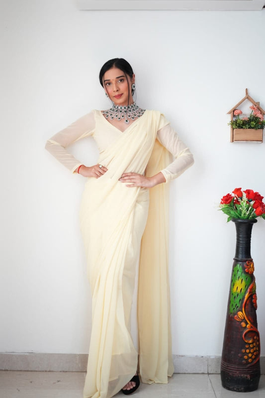 1 MIN READY TO WEAR OFF WHITE COLOUR SAREE IN PURE SOFT GEORGETTE SILK WITH BLOUSE