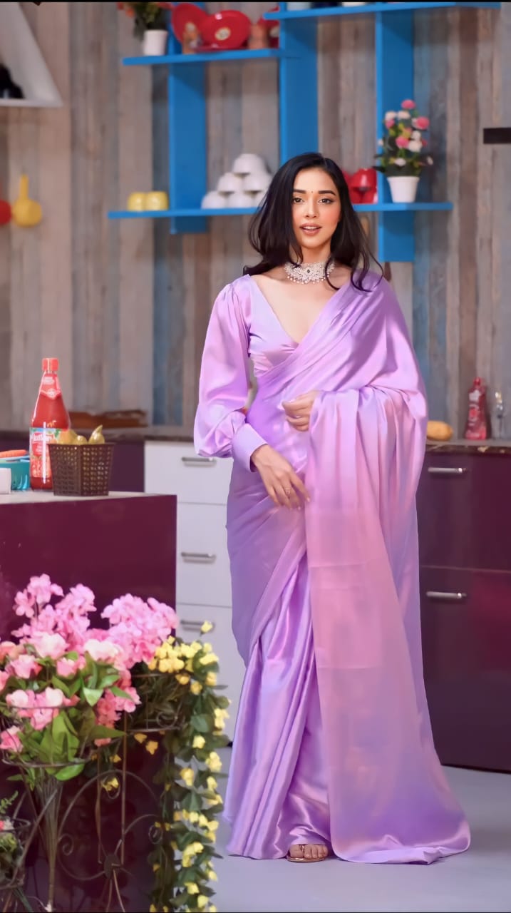 1 MIN READY TO WEAR SAREE IN PURE SOFT SATIN SILK SAREE WITH BLOUSE