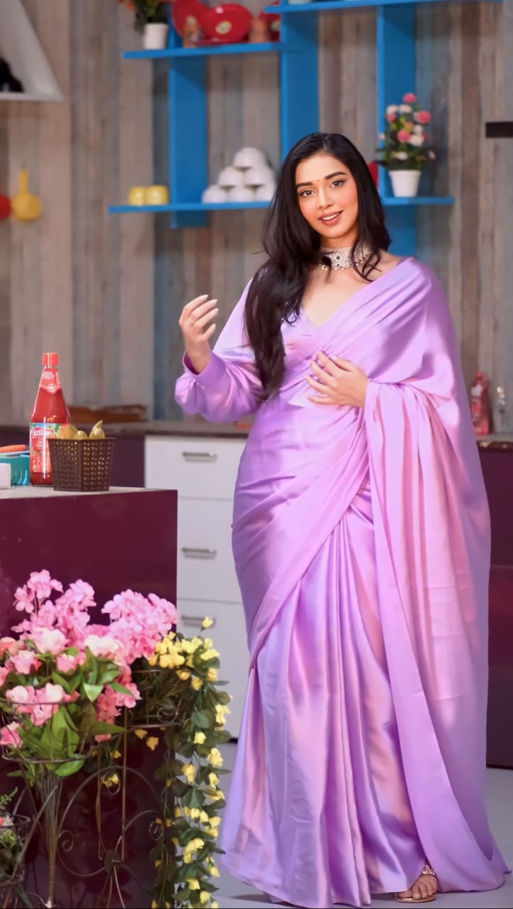 1 MIN READY TO WEAR SAREE IN PURE SOFT SATIN SILK SAREE WITH BLOUSE
