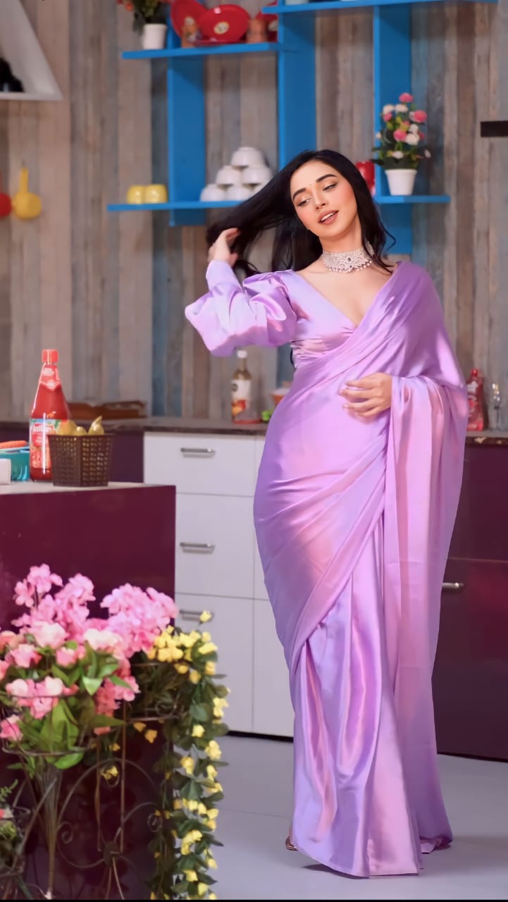1 MIN READY TO WEAR SAREE IN PURE SOFT SATIN SILK SAREE WITH BLOUSE
