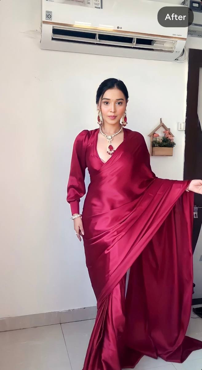 1 MIN READY TO WEAR SAREE IN PURE SOFT SATIN SILK SAREE WITH BLOUSE