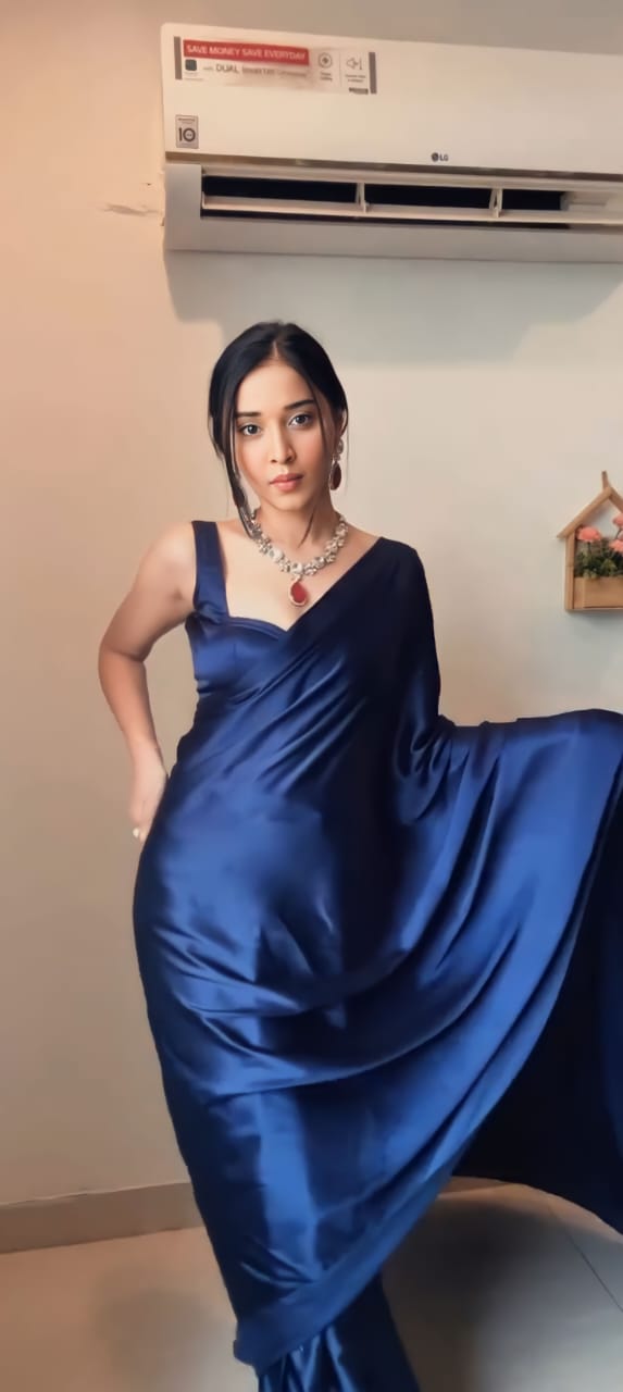 1 MIN READY TO WEAR SAREE IN PURE SOFT SATIN SILK SAREE WITH BLOUSE