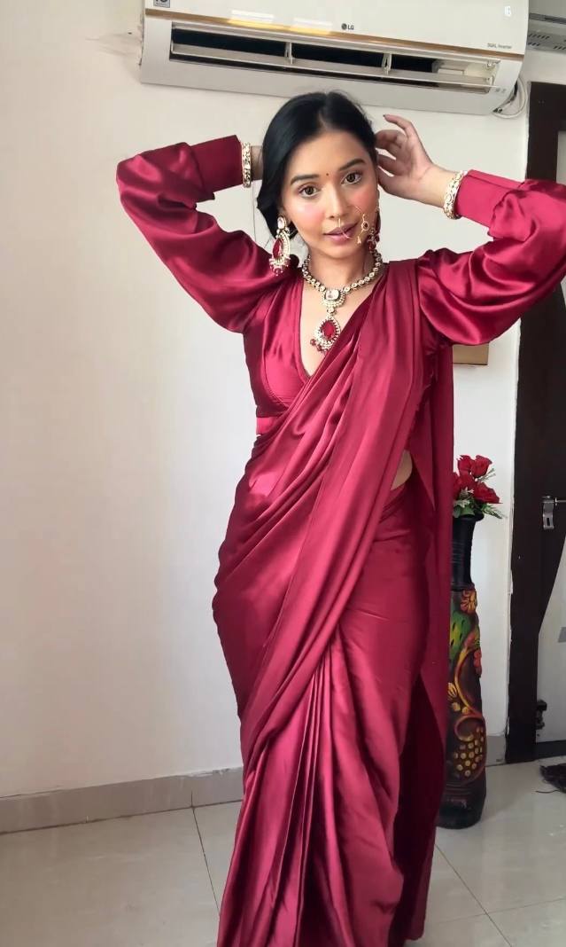 1 MIN READY TO WEAR SAREE IN PURE SOFT SATIN SILK SAREE WITH BLOUSE