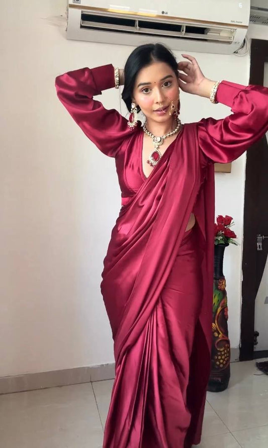 1 MIN READY TO WEAR SAREE IN PURE SOFT SATIN SILK SAREE WITH BLOUSE