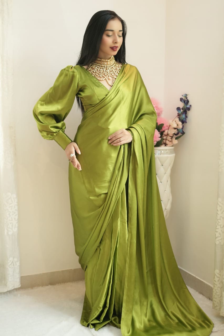 1 MIN READY TO WEAR SAREE IN PURE SOFT SATIN SILK SAREE WITH BLOUSE