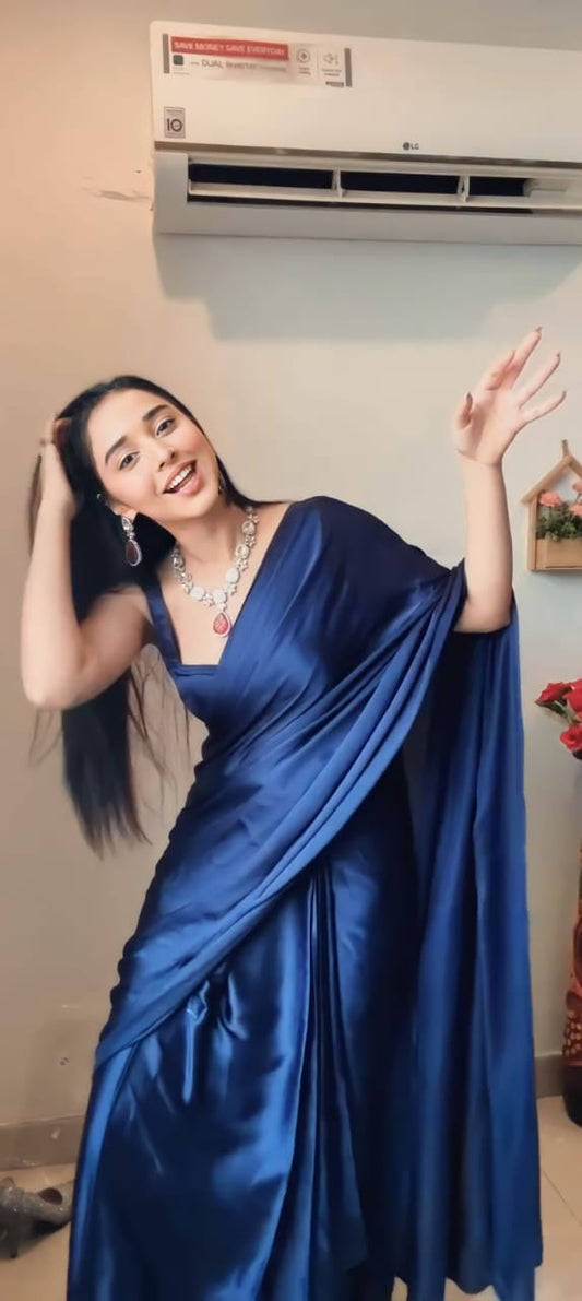 1 MIN READY TO WEAR SAREE IN PURE SOFT SATIN SILK SAREE WITH BLOUSE