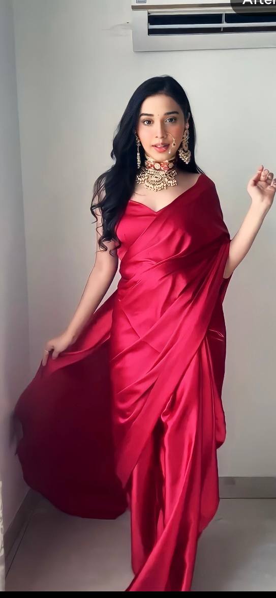 1 MIN READY TO WEAR SAREE IN PURE SOFT SATIN SILK SAREE WITH BLOUSE