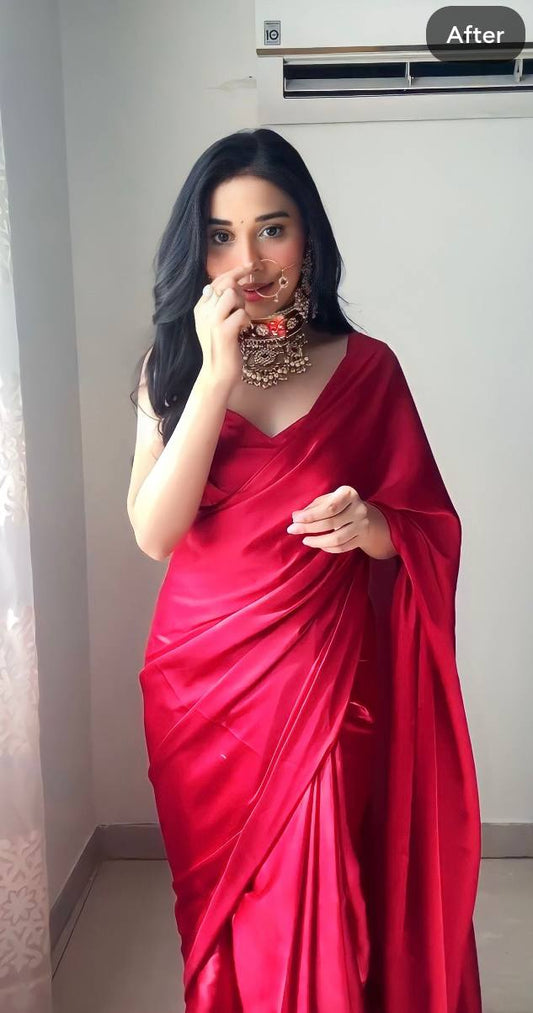 1 MIN READY TO WEAR SAREE IN PURE SOFT SATIN SILK SAREE WITH BLOUSE