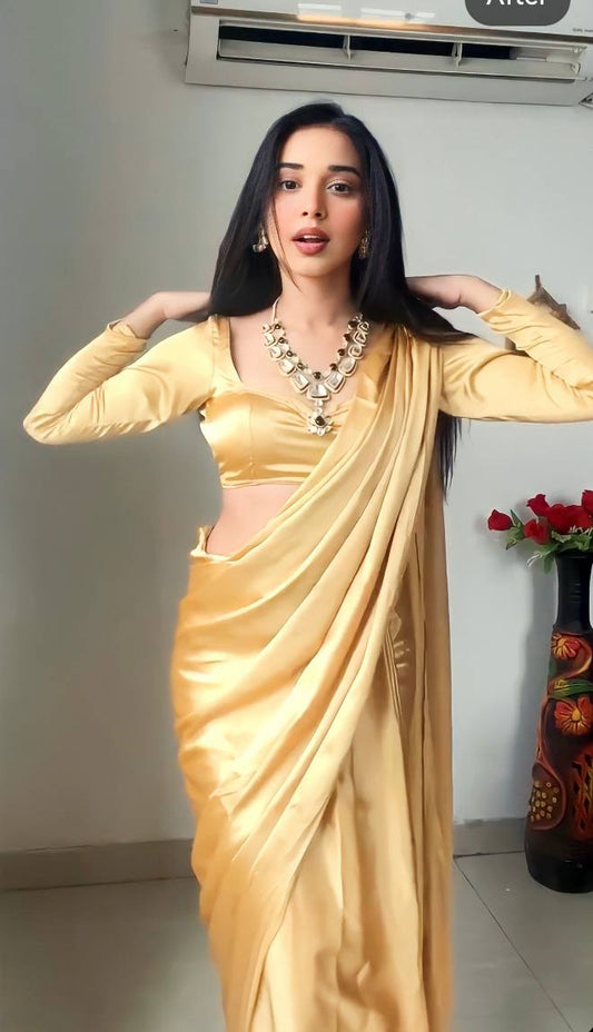 1 MIN READY TO WEAR SAREE IN PURE SOFT SATIN SILK SAREE WITH BLOUSE