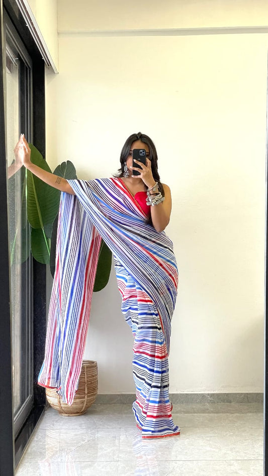 1 MIN READY TO WEAR SAREE IN PURE SOFT GEORGETTE WITH RED BLOUSE