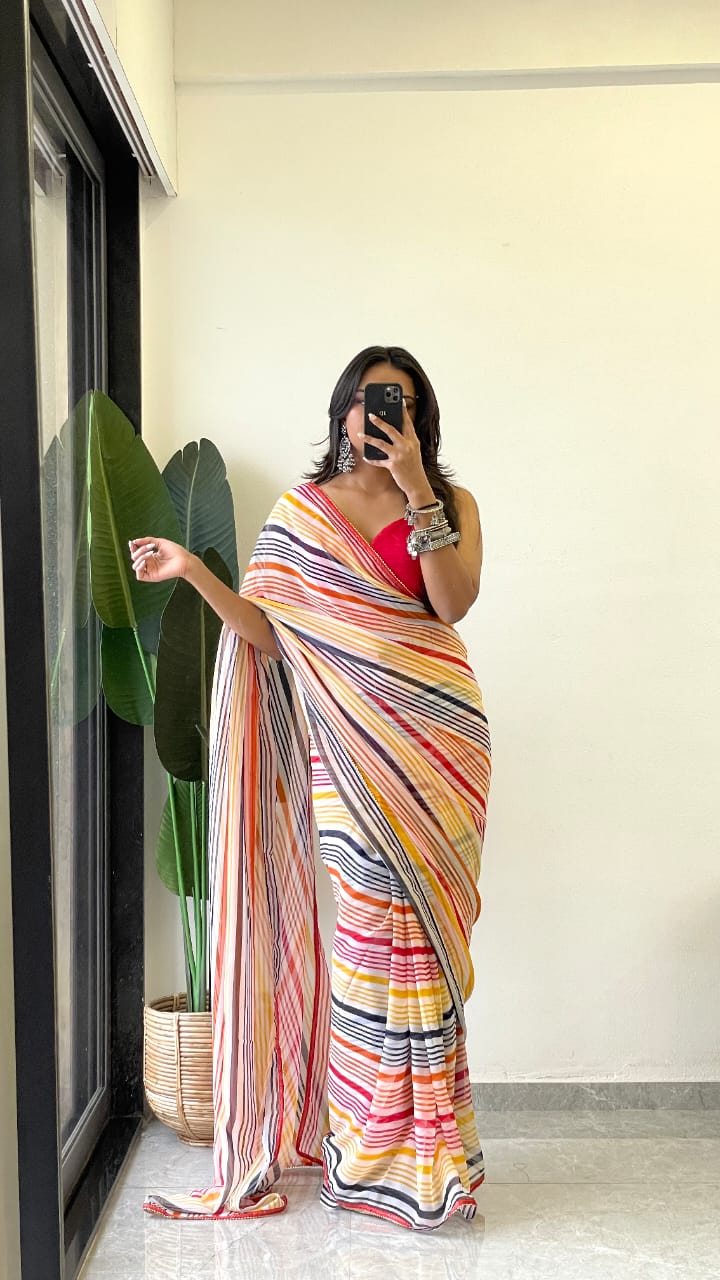 1 MIN READY TO WEAR SAREE IN PURE SOFT GEORGETTE WITH RED BLOUSE