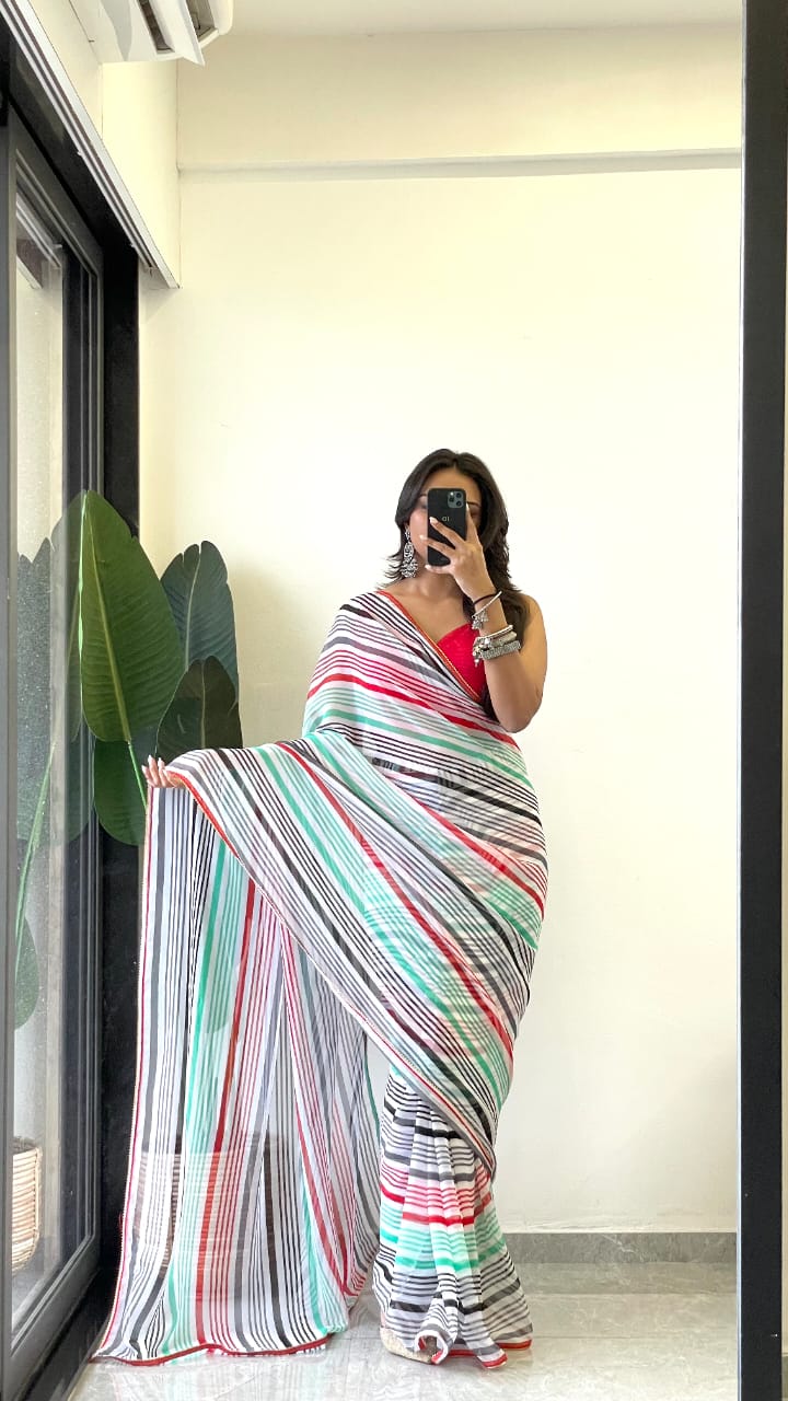1 MIN READY TO WEAR SAREE IN PURE SOFT GEORGETTE WITH RED BLOUSE