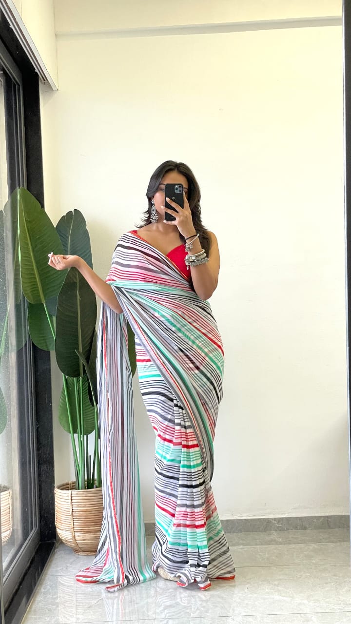 1 MIN READY TO WEAR SAREE IN PURE SOFT GEORGETTE WITH RED BLOUSE