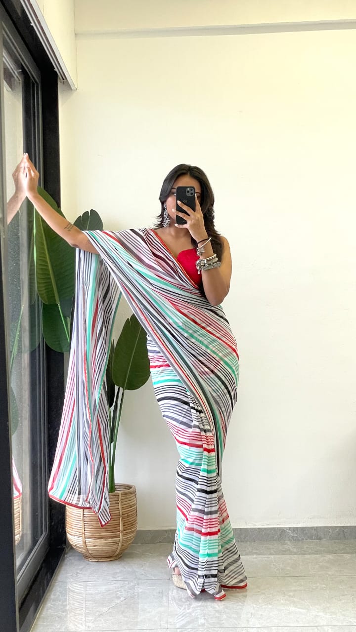 1 MIN READY TO WEAR SAREE IN PURE SOFT GEORGETTE WITH RED BLOUSE