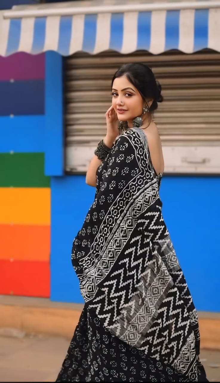 1 MINUTE READY TO WEAR BLACK PURE SOFT LINEN SILK SAREE