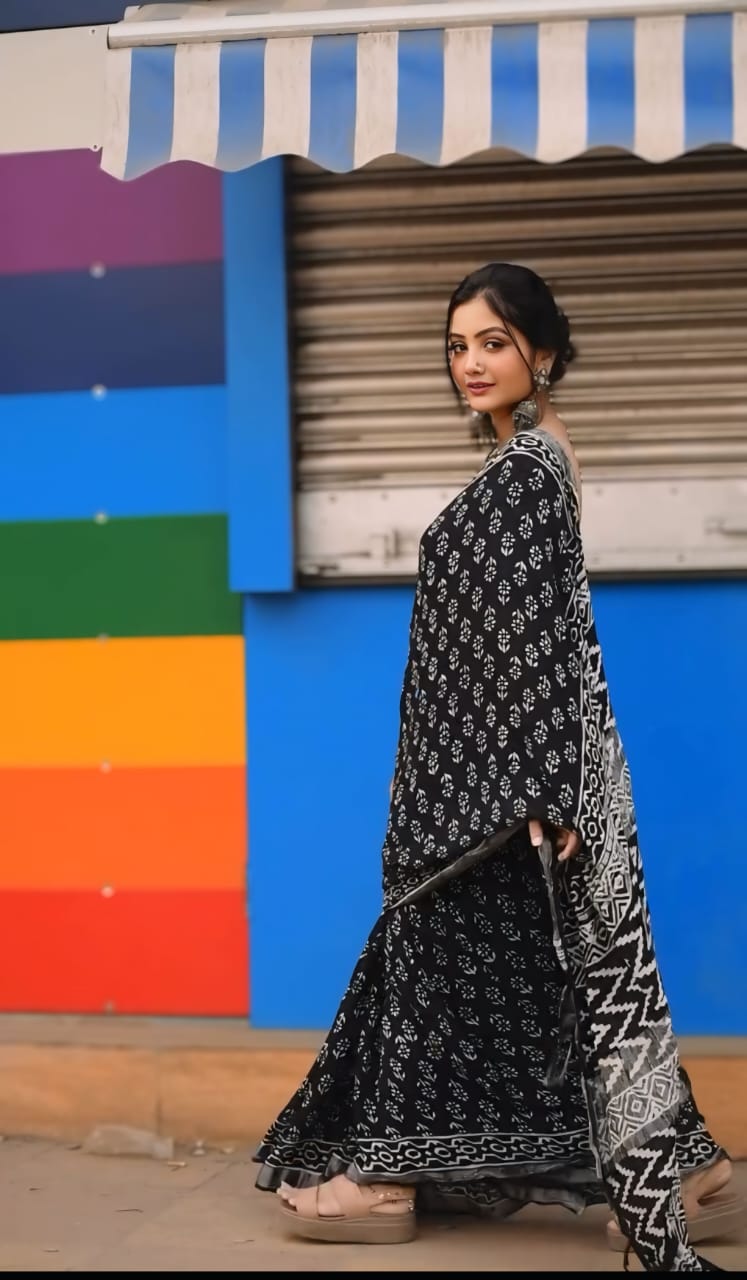 1 MINUTE READY TO WEAR BLACK PURE SOFT LINEN SILK SAREE