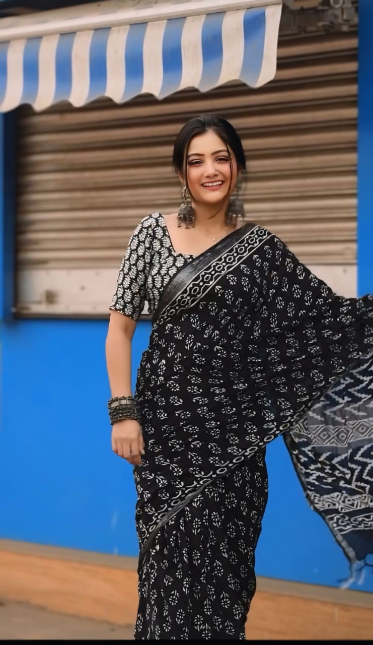 1 MINUTE READY TO WEAR BLACK PURE SOFT LINEN SILK SAREE