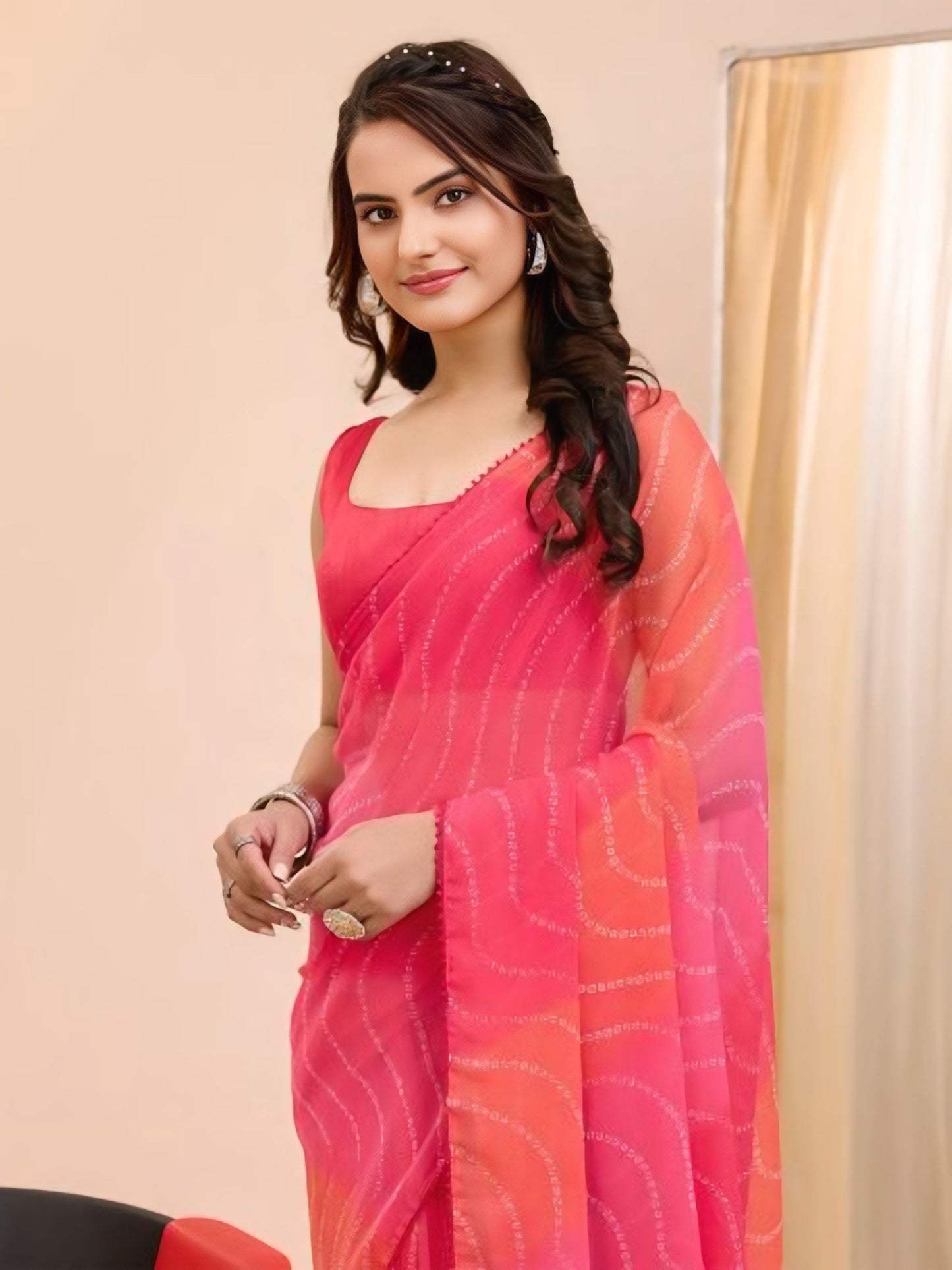 1 MINUTE READY TO WEAR LAHERIYA BANDHANI DESIGN PURE SOFT GEORGETTE SILK