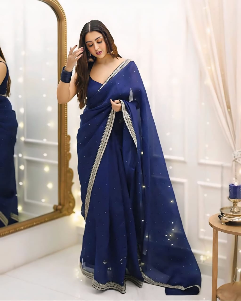 1 MIN READY TO WEAR PURE SOFT ORGANZA SILK WITH BEAUTIFUL DIAMOND WORK