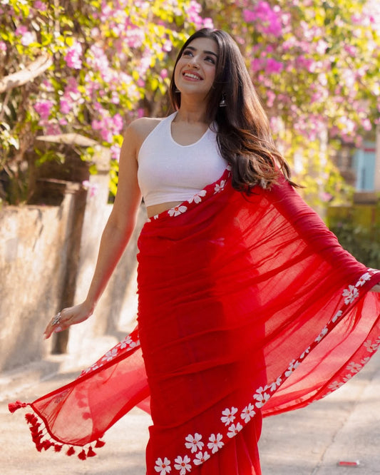 1 MIN READY TO WEAR RED MUL COTTON DIGITAL PRINTED SAREE WITH POCKET