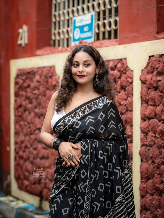1 MIN READY TO WEAR BLACK MUL COTTON DIGITAL PRINTED SAREE WITH POCKET