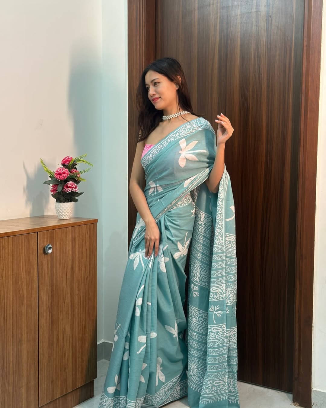 1 MIN READY TO WEAR SKY MUL COTTON DIGITAL PRINTED SAREE WITH POCKET
